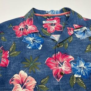 Tommy Bahama Floral Hawaiian Shirt Mens Size L Shirt Silk Cotton Blue Pink